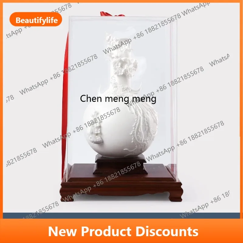 C56 White porcelain high-grade suet jade porcelain bottle, living room wine cabinet, hand-carved phoenix vase ornament