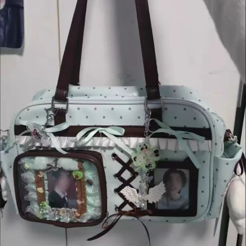 Anime Ita-Tasche mit transparentem Sichtfenster, Schultertasche mit Polka-Dot-Muster, Schleifen- und Spitzenbesatz, süße Lolita-Handtasche für Mädchen – Detail 1
