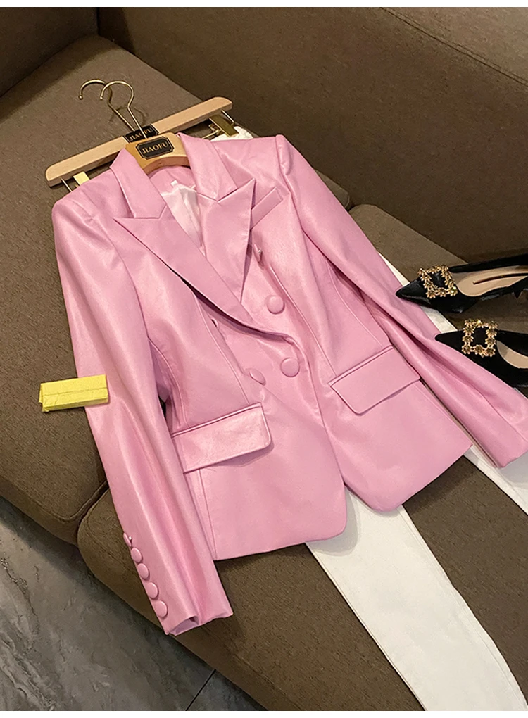 Lautaro Spring Stylish Short Pink Soft Pu Leather Blazer Long Sleeve Slim Fit Luxury Jackets for Women 2022 Elegant Fashion 5xl