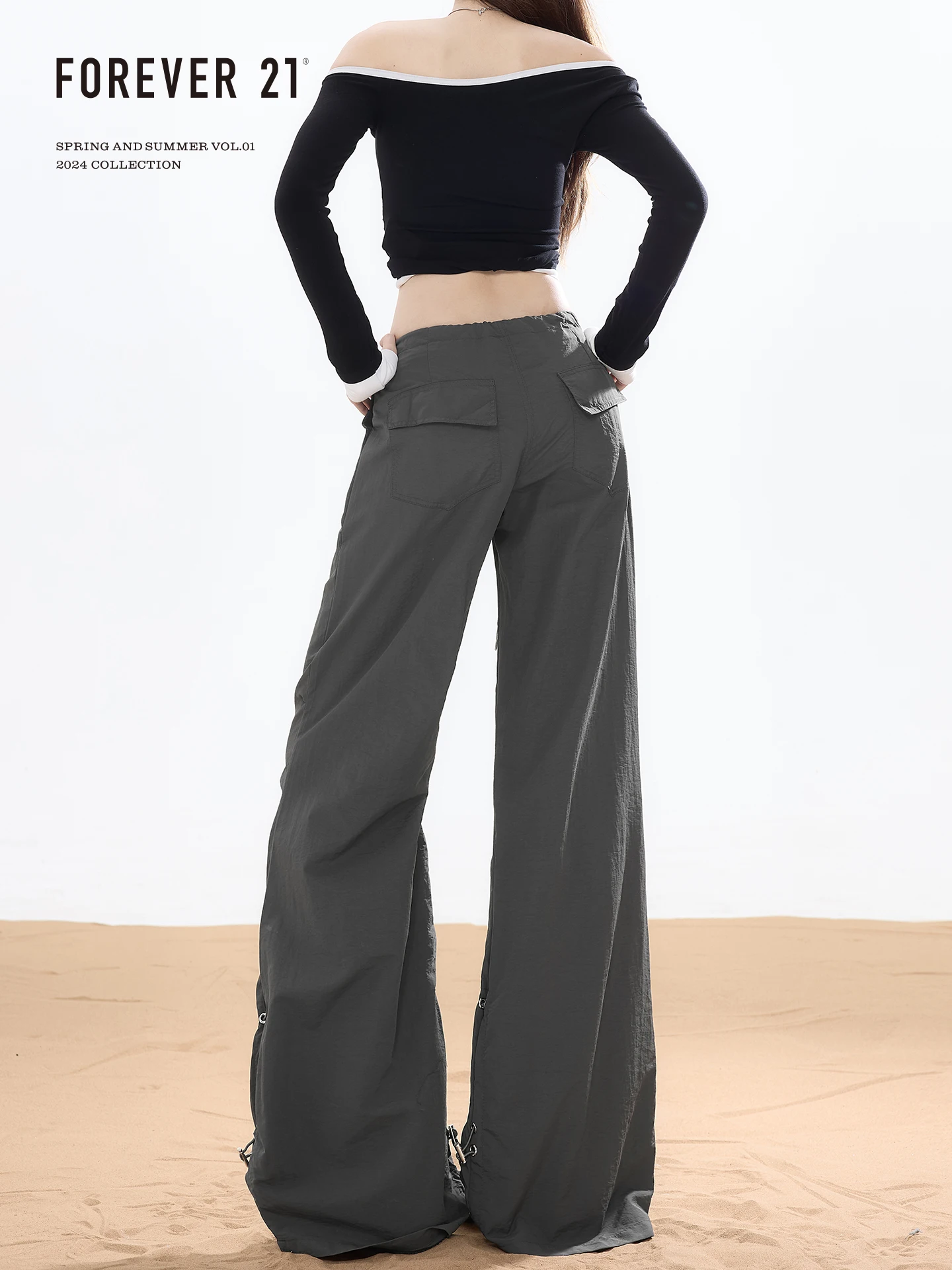 Forever 21 American Style Low Waist Workwear Casual Pants Women's Retro Grey Drape Loose Wide Leg Paratrooper Pants