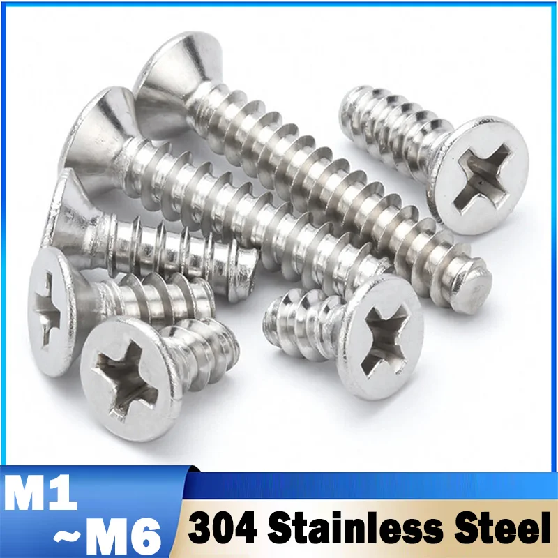 10~200Pcs M1 M1.2 M1.4 M1.6 M1.7 M2 M2.6 M3 M3.5 M4 M5M6 Cross Recessed Countersunk Head Self-tapping Screws Flat Phillips Screw