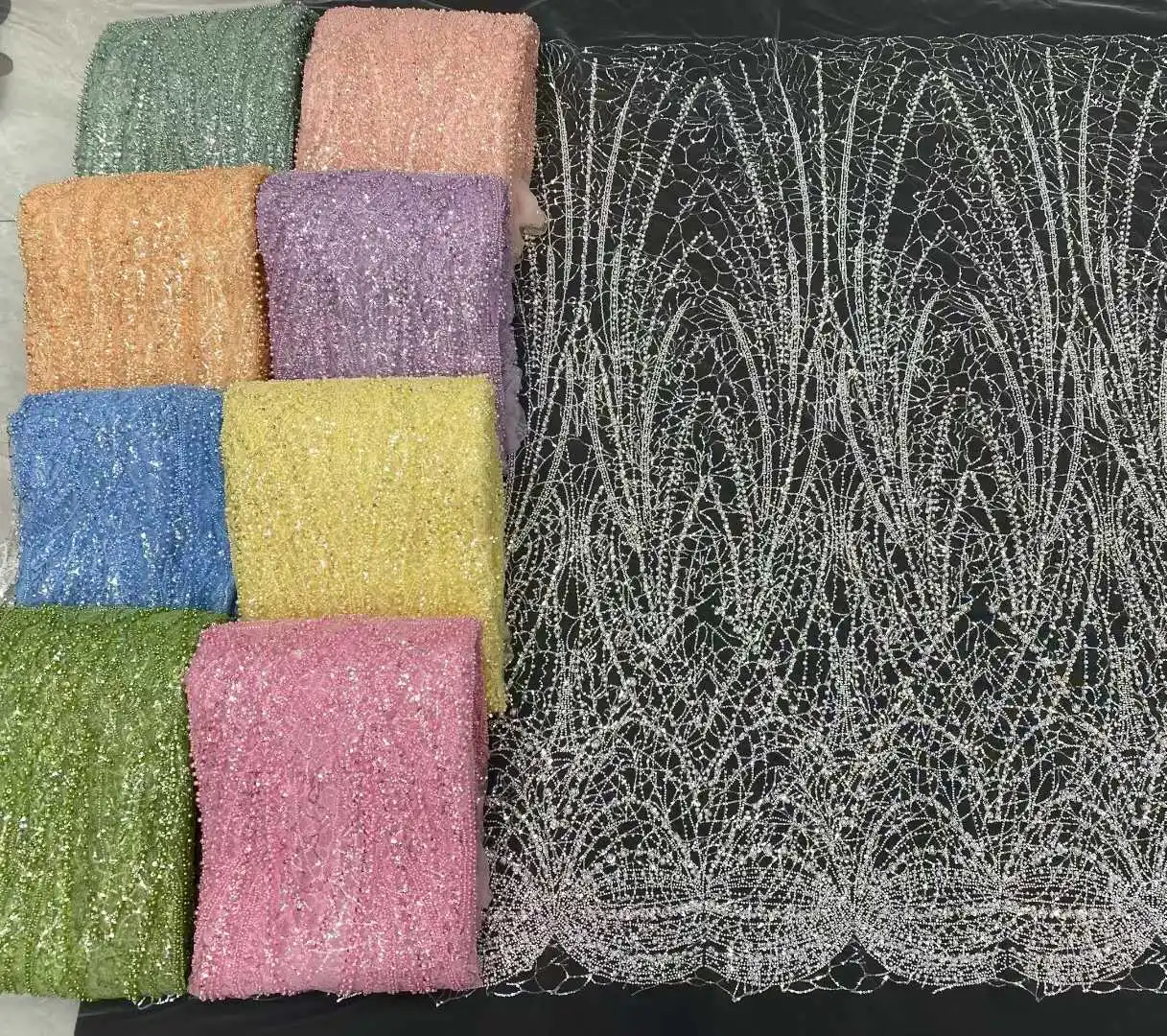 

Luxurious African Beaded Net Mesh Lace Fabric 2025 Beads Embroidery Sequins French Tulle Lace for Nigerian Wedding Party Dress