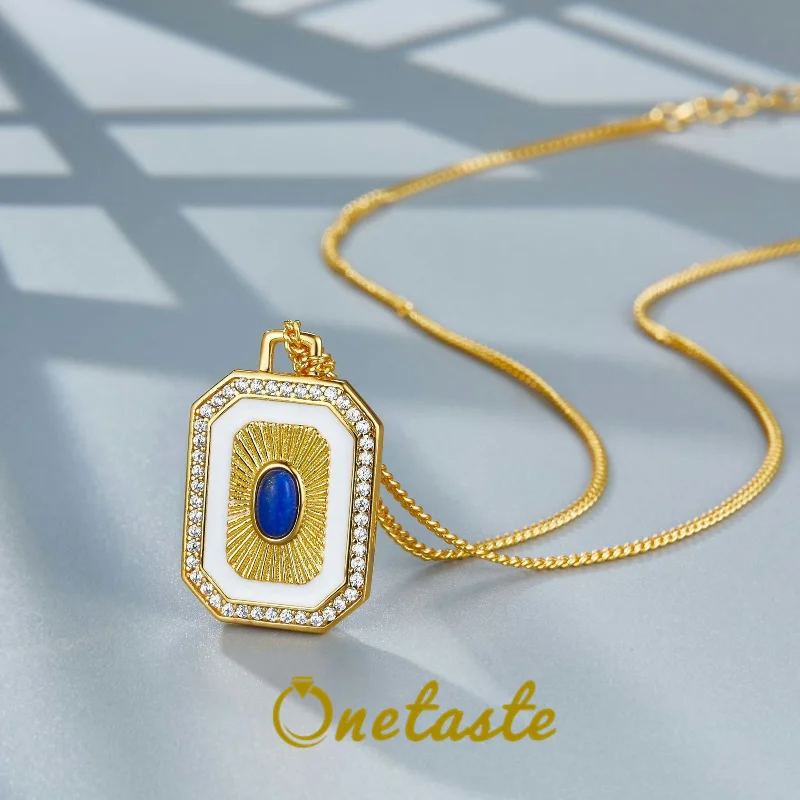 Natural Lapis Lazuli 925 Silver Gold Plated Double Side Pendant Necklace Women Zircon Geometric Chic Choker Necklaces 2023 New