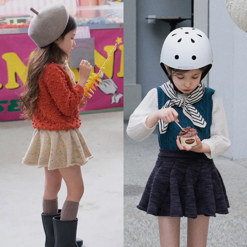 

New Girls' Half Skirt Winter Children's Knitted Skirt Wool Colorful Dotted Pleated Half Skirt 1-6Y