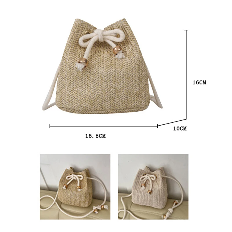 Fashion Womens Soft Woven Cross Body Bag Drawstring Straw Shoulder Bags Travel Handbag