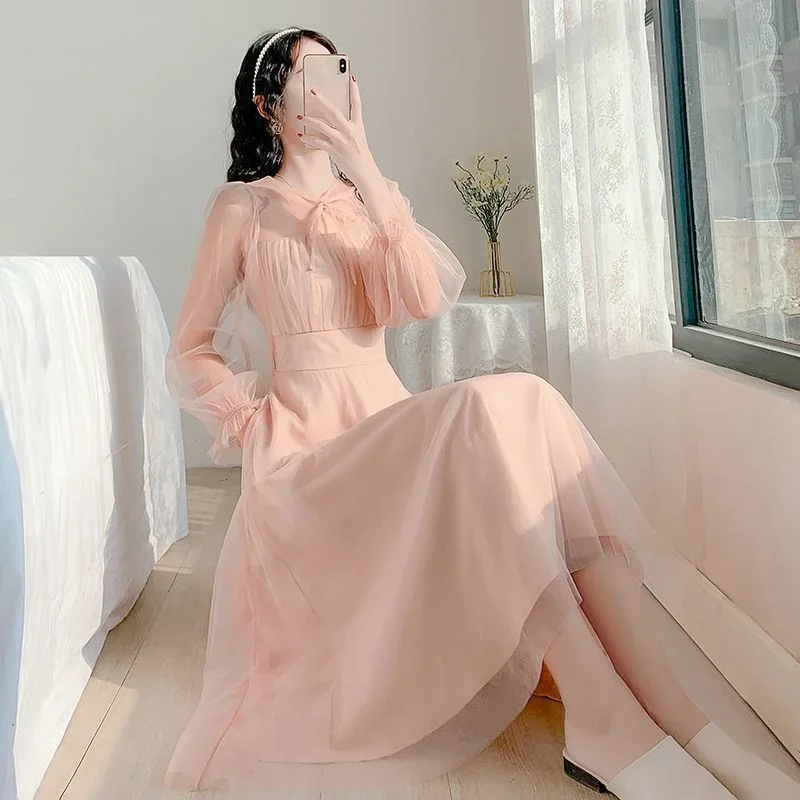 

Women's Sweet Pink Mesh Midi Dress 2025 Spring Summer New Lady Graceful Flare Long Sleeve Bowknot Dresses Evening Party Gown