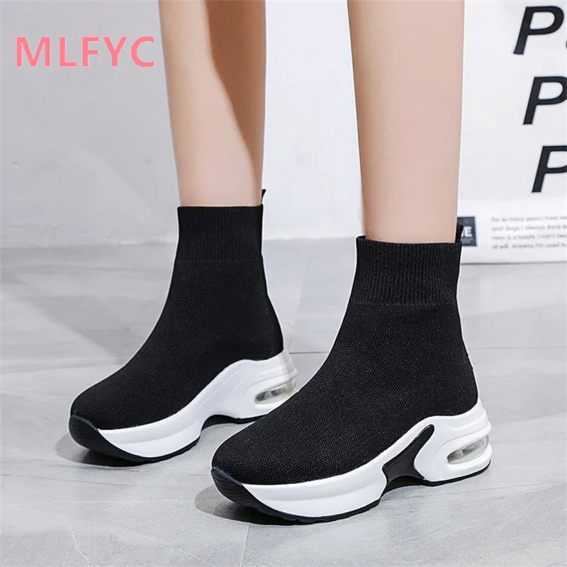 

Inner raised sock shoes Autumn style elastic high top thick sole round toe flat heel mesh fashion sock boots for women