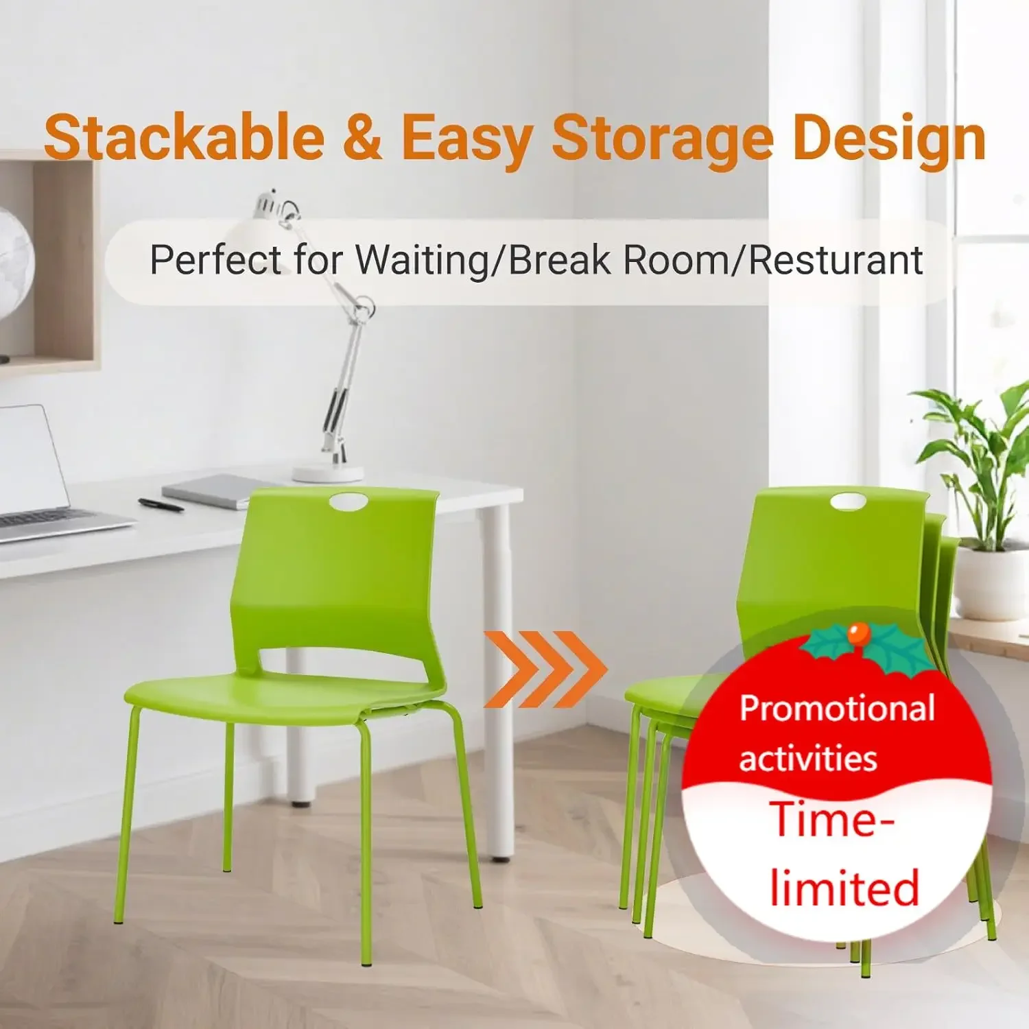 Stackable Office Chairs, Green Guest Chairs with Comfortable Streamline Seat, Stacking Chairs No Wheels for Conference Room, Set