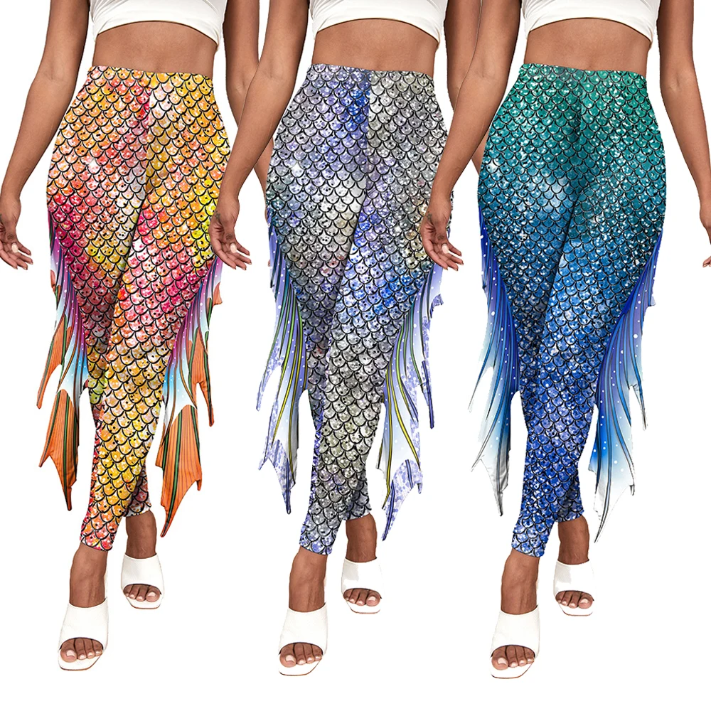 Pantalones con estampado de sirena para mujer, pantalones con estampado 3D de escamas de pescado, mallas de moda para mujer, pantalones ajustados para Cosplay de Yoga