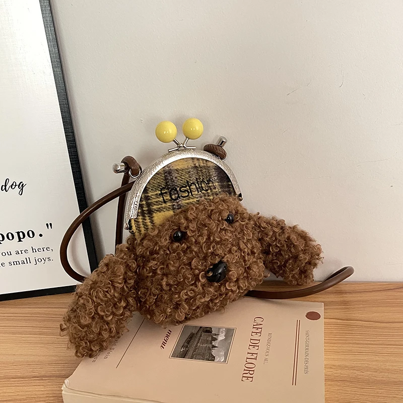 

Original Dog Wallet Cute Plush Storage Bag Lady Girls Bluetooth Earphone Bag 2025 Winter Fluffy Cartoon Crossbody Phone Bag