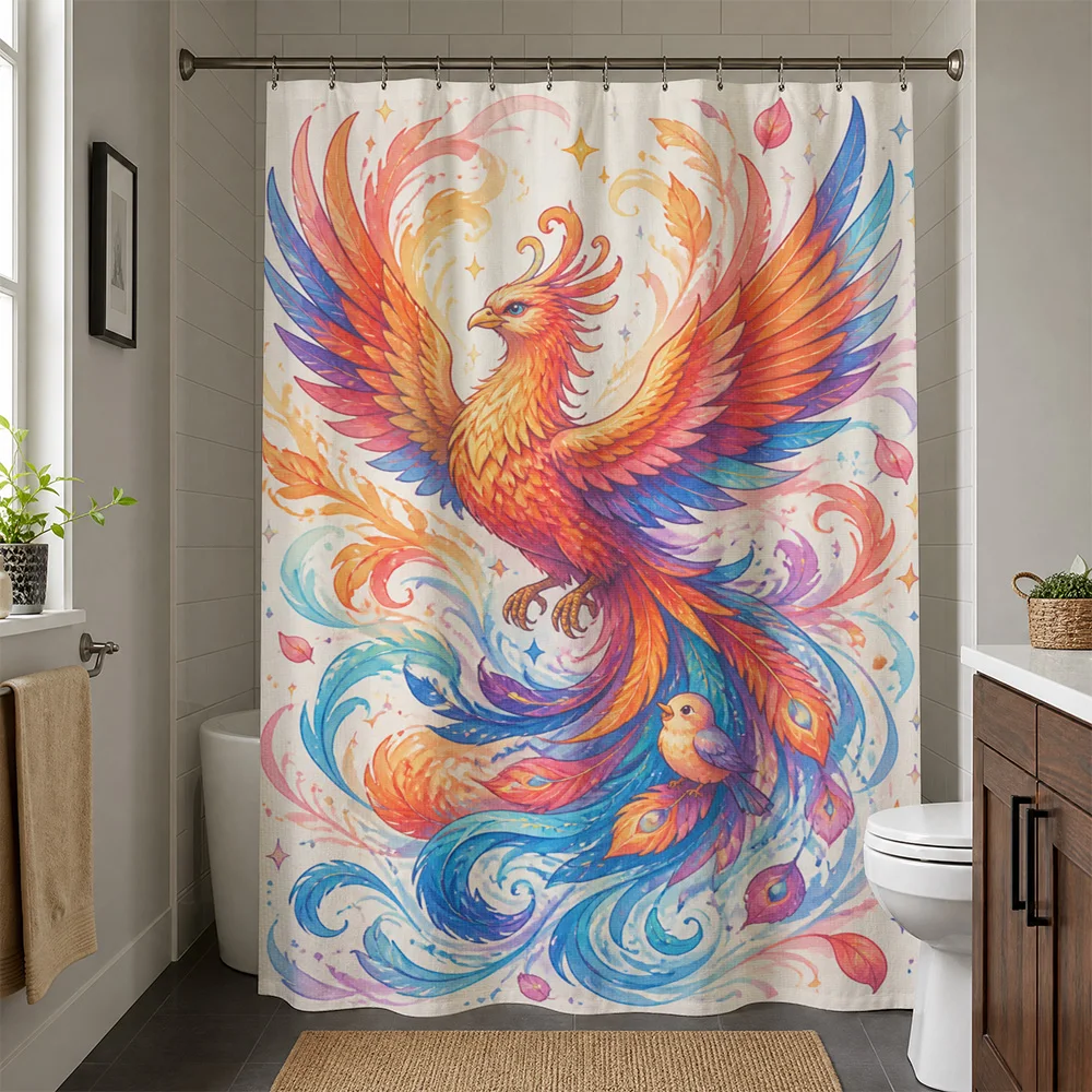 Vibrant Watercolor Phoenix Shower Curtain Waterproof Bath Liner Artistic Tropical Bird Design Bathroom Decor Accessories for Mod