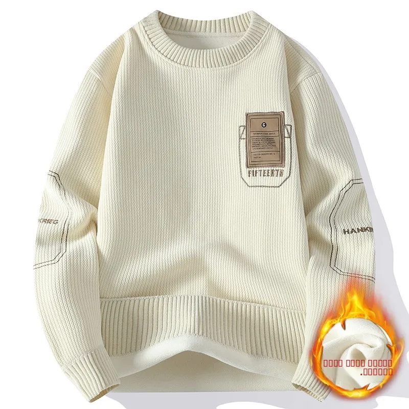 

Утепленный мужской вязаный свитер с круглым вырезом, повседневная теплая зимняя одежда, дышащий, комфортный, из полиэфирного волокна, с длинными рукавами