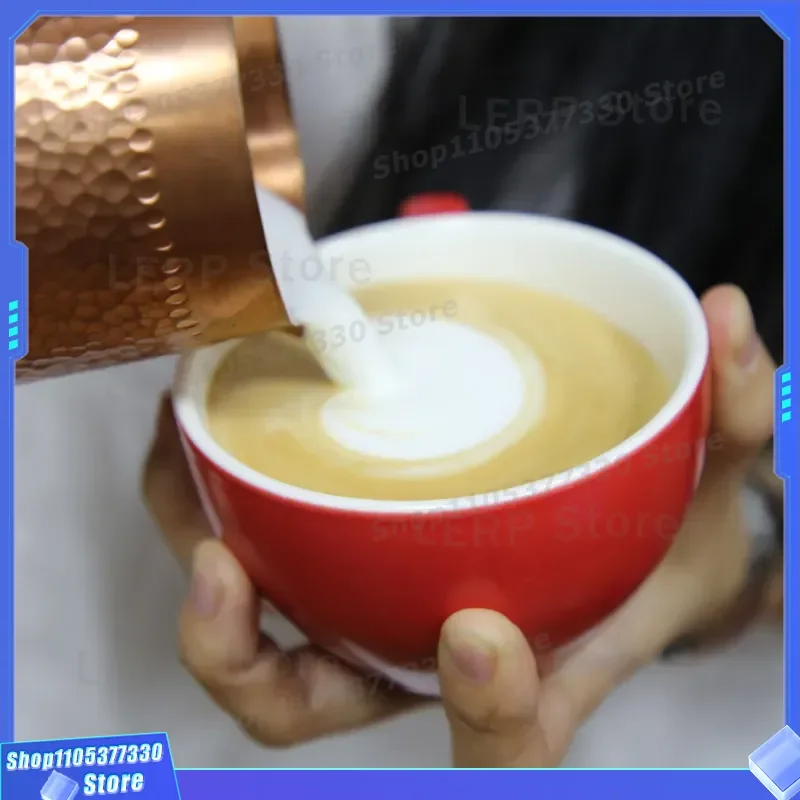 400ml Handmade Copper Latte Cup with Embossed Tip Professional Barista Milk Frothing Pitcher for Coffee Making Tools