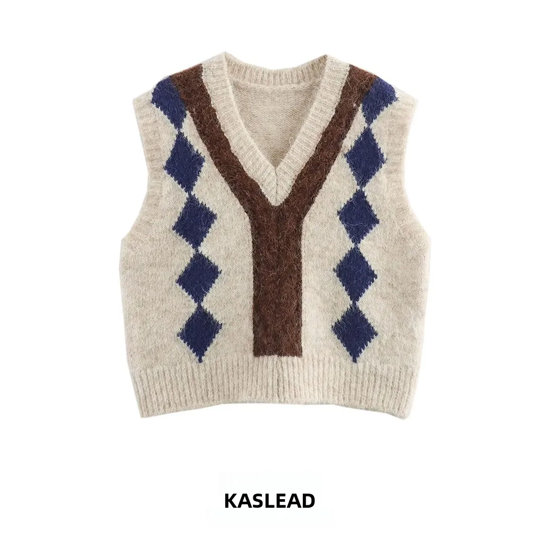 KASLEAD New Women's Vintage Color Block Diamond Grid Vest Tank Top Polyester Acrylic V-neck Regular Length Outerwear