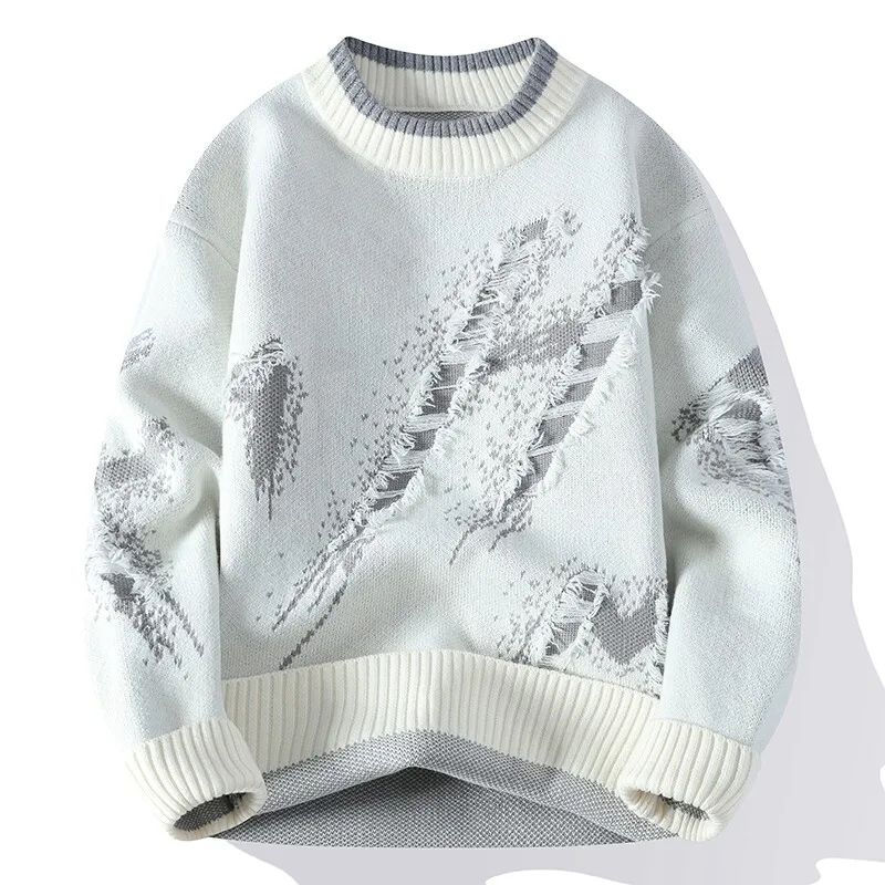 

2025 Autumn Winter Men Tassels Patchwok Casual Sweater Male Couple Sweater Male Round Neck Long Sleeve Knitted Harajuku Pullover