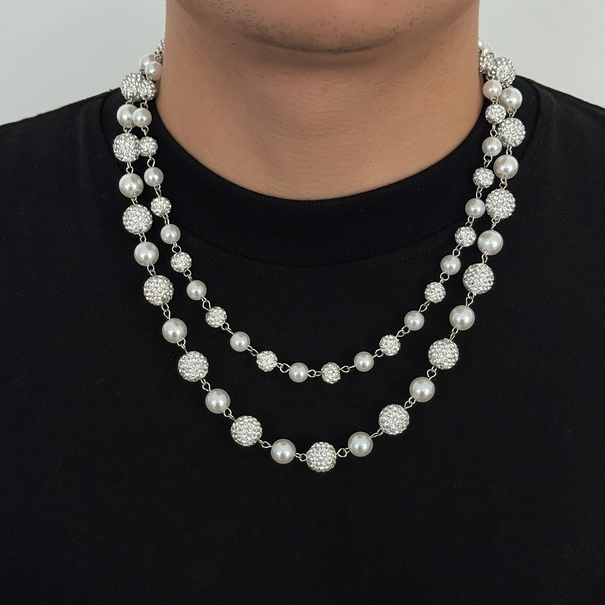 Salircon 2 Teile/satz Vintage Exquisite Imitation Perle Halskette Männer Mode Charme strass Schlüsselbein Kette Bankett Schmuck Geschenke – Detail 2