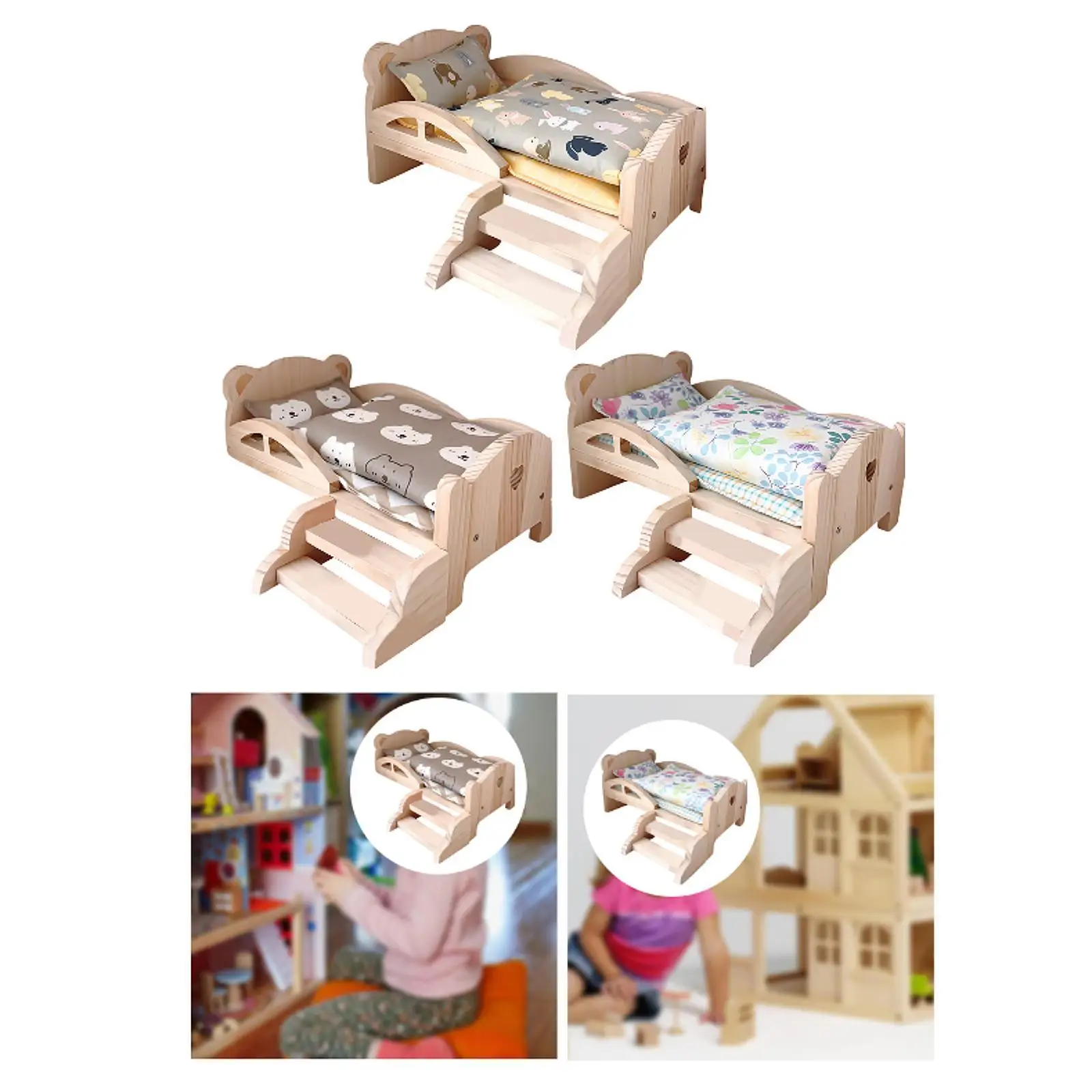 1/12 Wooden Doll Miniature Bed Cartoon Simulation for Dollhouse Decoration