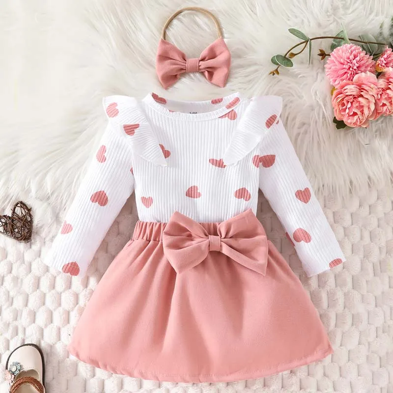 Baby Set 3-Piece Set Girls Clothing 3 To 24 Months Ruffle Printed Heart T-Shirt Top Skirt Hairband Toddler Girl Outfits ROMPERBO