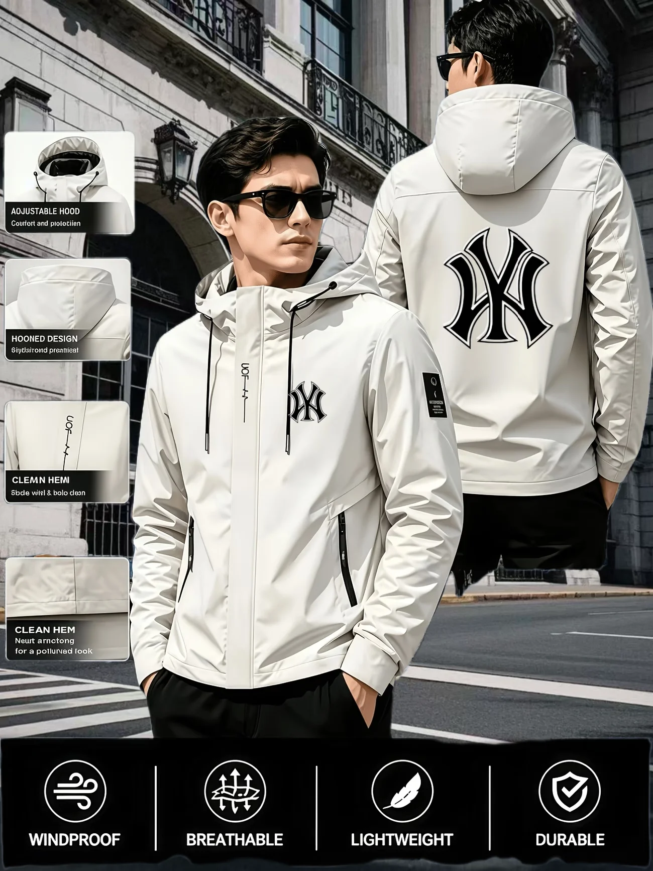 High quality fashion brand men hooded pocket jacket for autumn outdoor walking training lightweight zipper windproof printed top