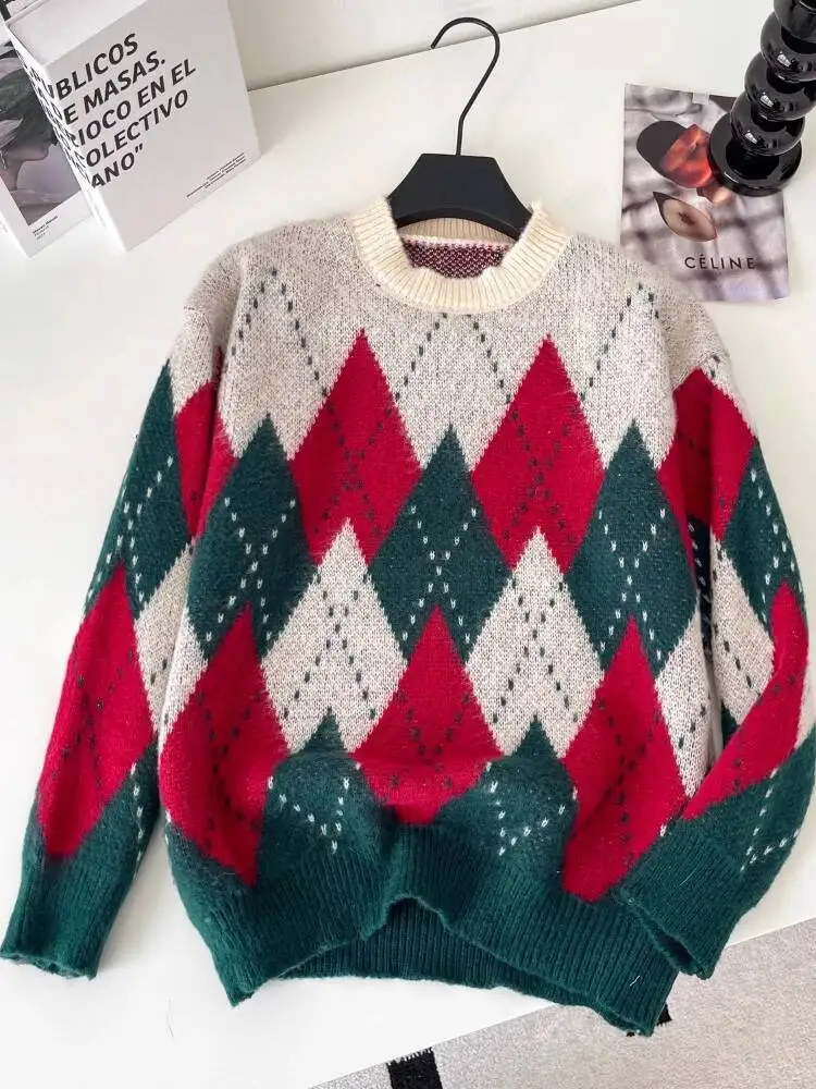 

Women Vintage Plaid Sweater Autumn Winter Round Neck Long Sleeved Knitted Top Female Loose Lazy Streetwear Pullover Top