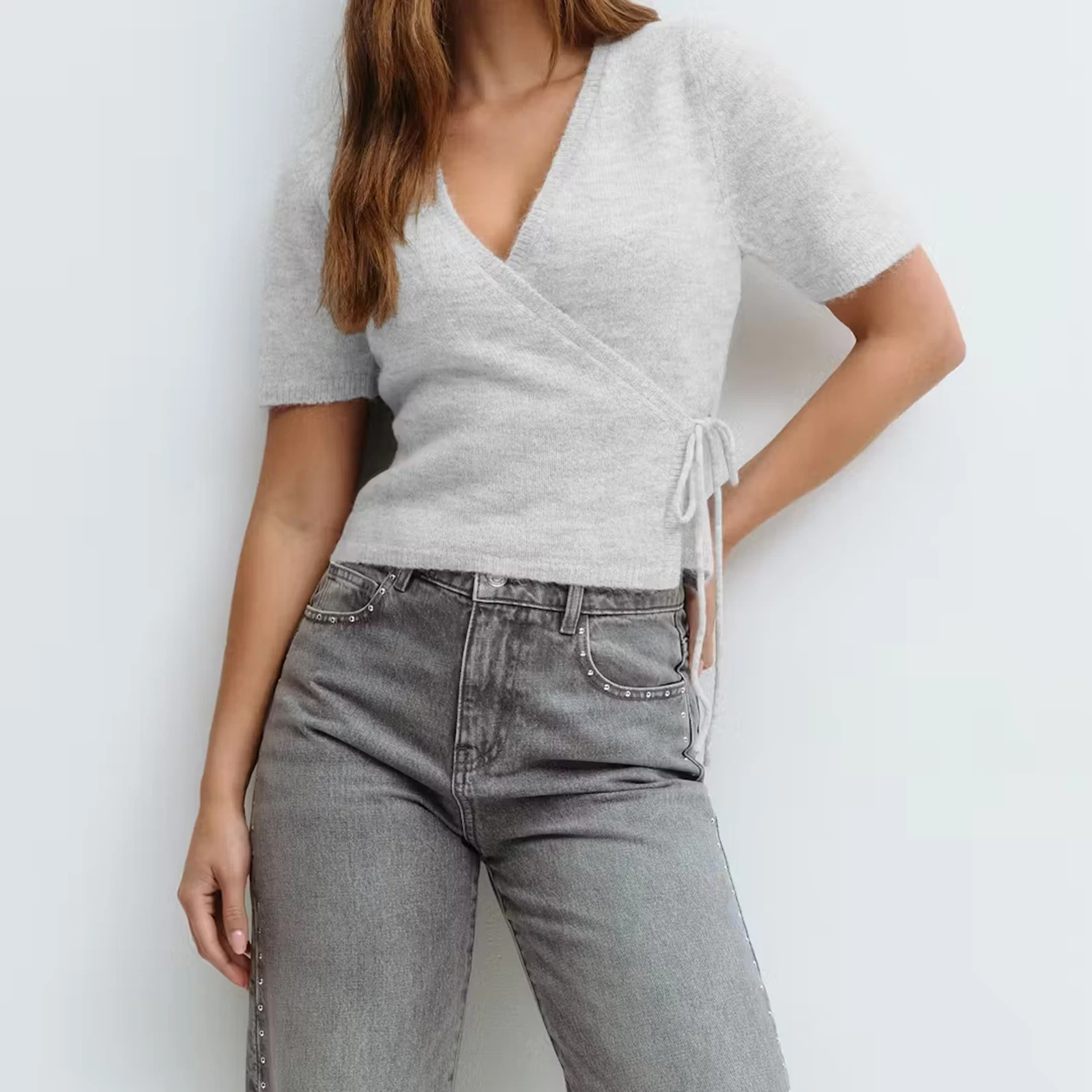 

2025 Women Knit Tops Elegant Deep V Neck Short Sleeve T-shirt Tie-up Solid Color Streetwear for Casual Daily