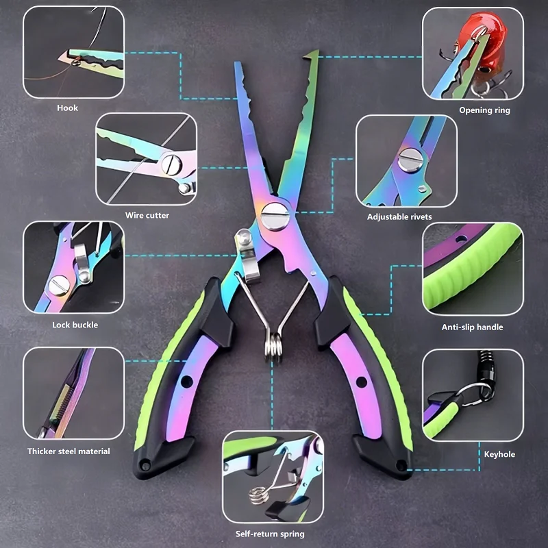 16cm Titanium Coated Multifunction Fishing Pliers Spring-Loaded Epsilon Hook Design with Non-Slip Grip