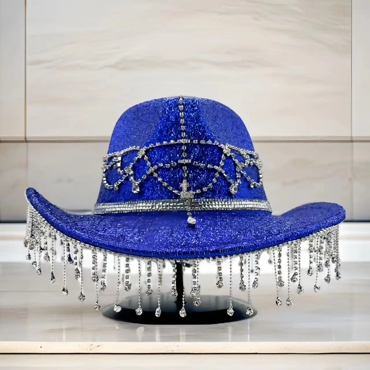 

HongLuan Blue/Black Disco Costume Hat Adult & Cowboy Hats Rhinestone for Woman, Cowboy Cosplay Female Accessories & Cowgirl Cap