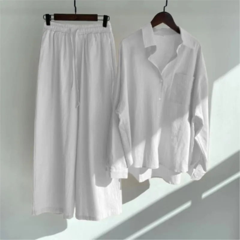 Cotton Linen Two Piece Set For Women Autumn Fashion Casual Long Sleeve Shirt Wide Leg Pants Suit Elegant Office Lady Outfits