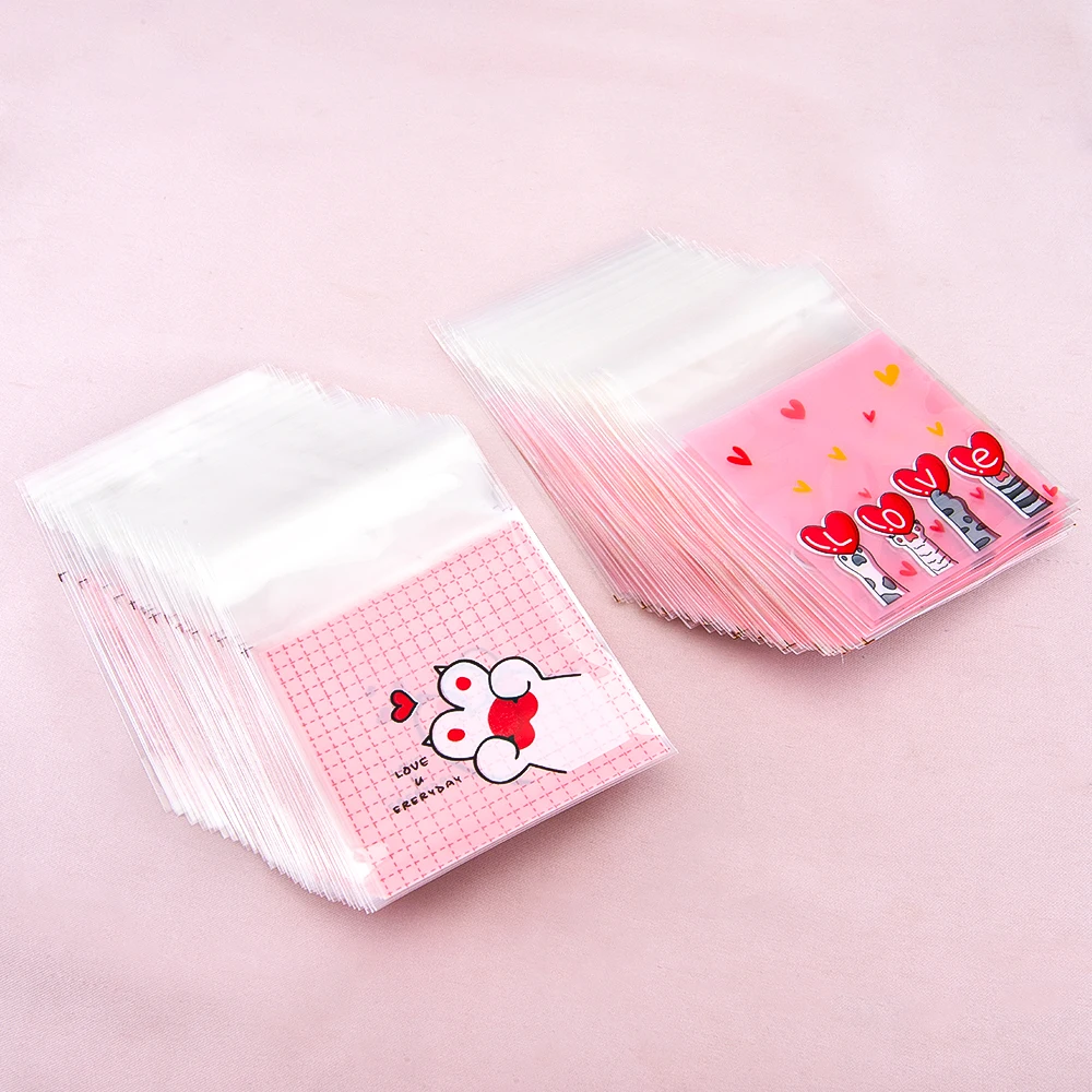 50pcs Cat Claws Love Heart Plastic Packing Bag 7x7cm Transparent Self-Adhesive OPP Bag for Jewelry Packaging Festival Gift Pouch