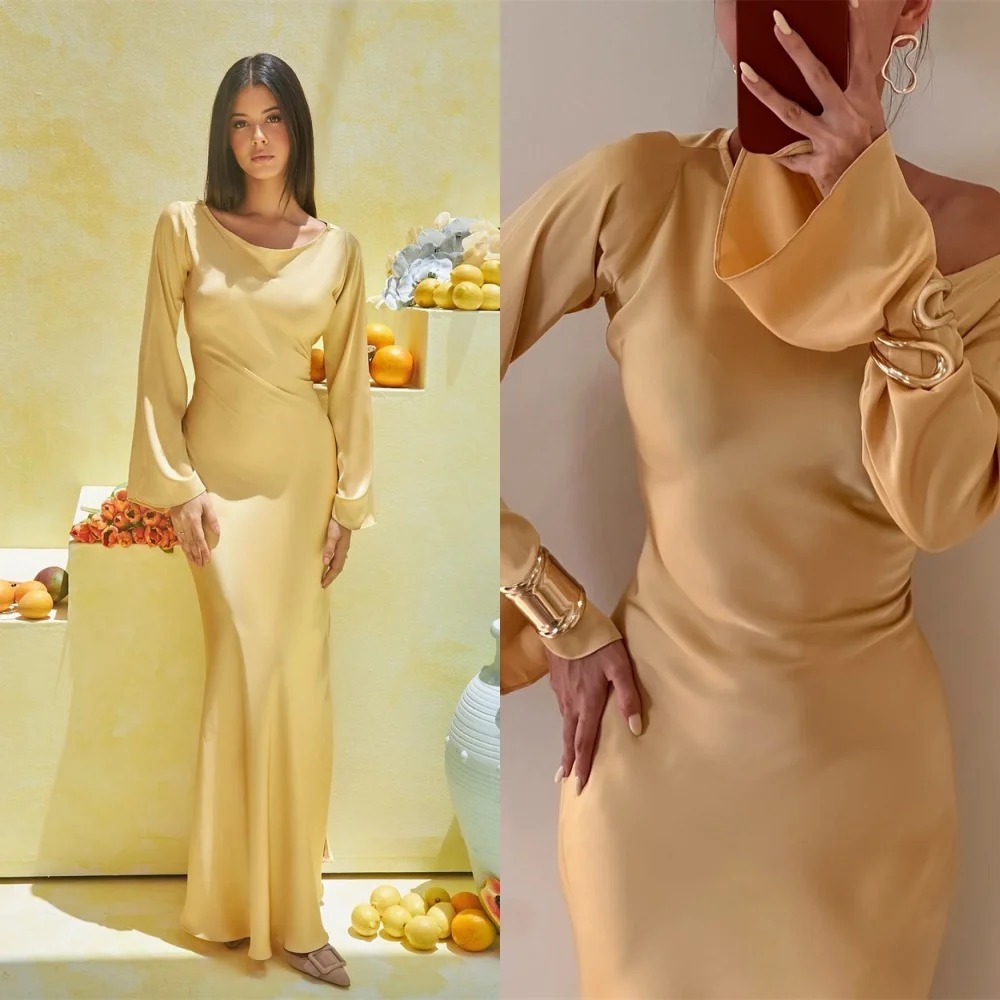 

Customized Classic Yellow Satin Evening Dress Exquisite Scoop Long Sleeves Mermaid Zipper Back Flare Sleeves Celebrity Gowns