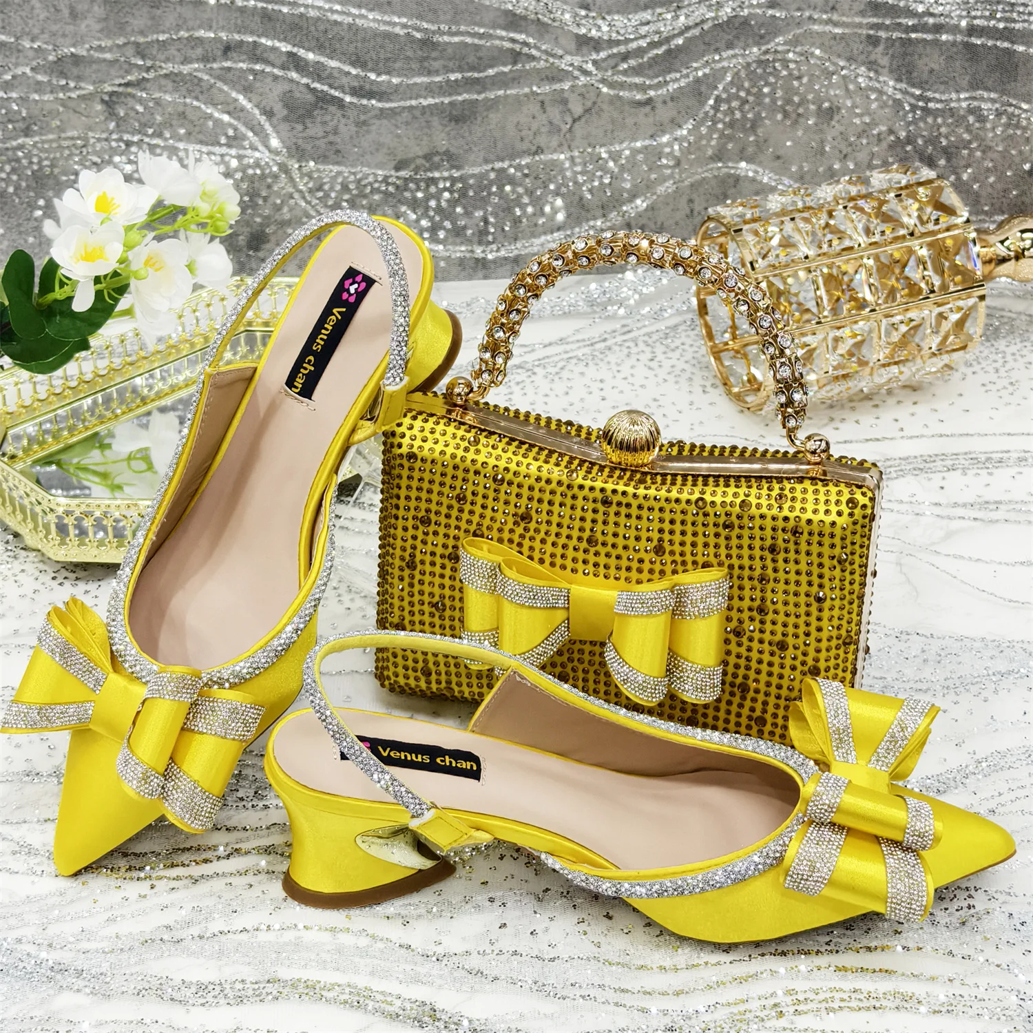 2024 Italian Design Elegant Women's Yellow Rhinestone High Heels Nigerian Fashion  Heels Shoes And Bag Set