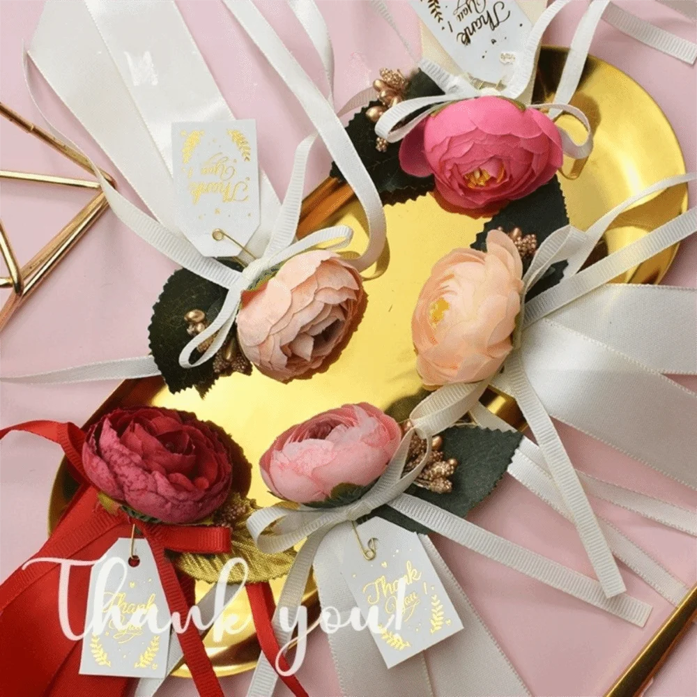 6pcs Realistic Gift Box Decor Silk Ribbon Rustic Style Wedding Car Flowers Elegant Rearview Mirror Flowers Guest Presentation