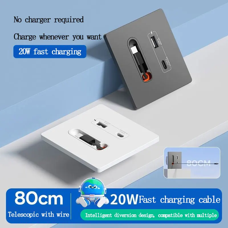 EU Universal Wall PD 20W USB C Smart Socket Panel With Dual Ports Type-C Fast Charging Ports And 80CM Retractable Cable For Home