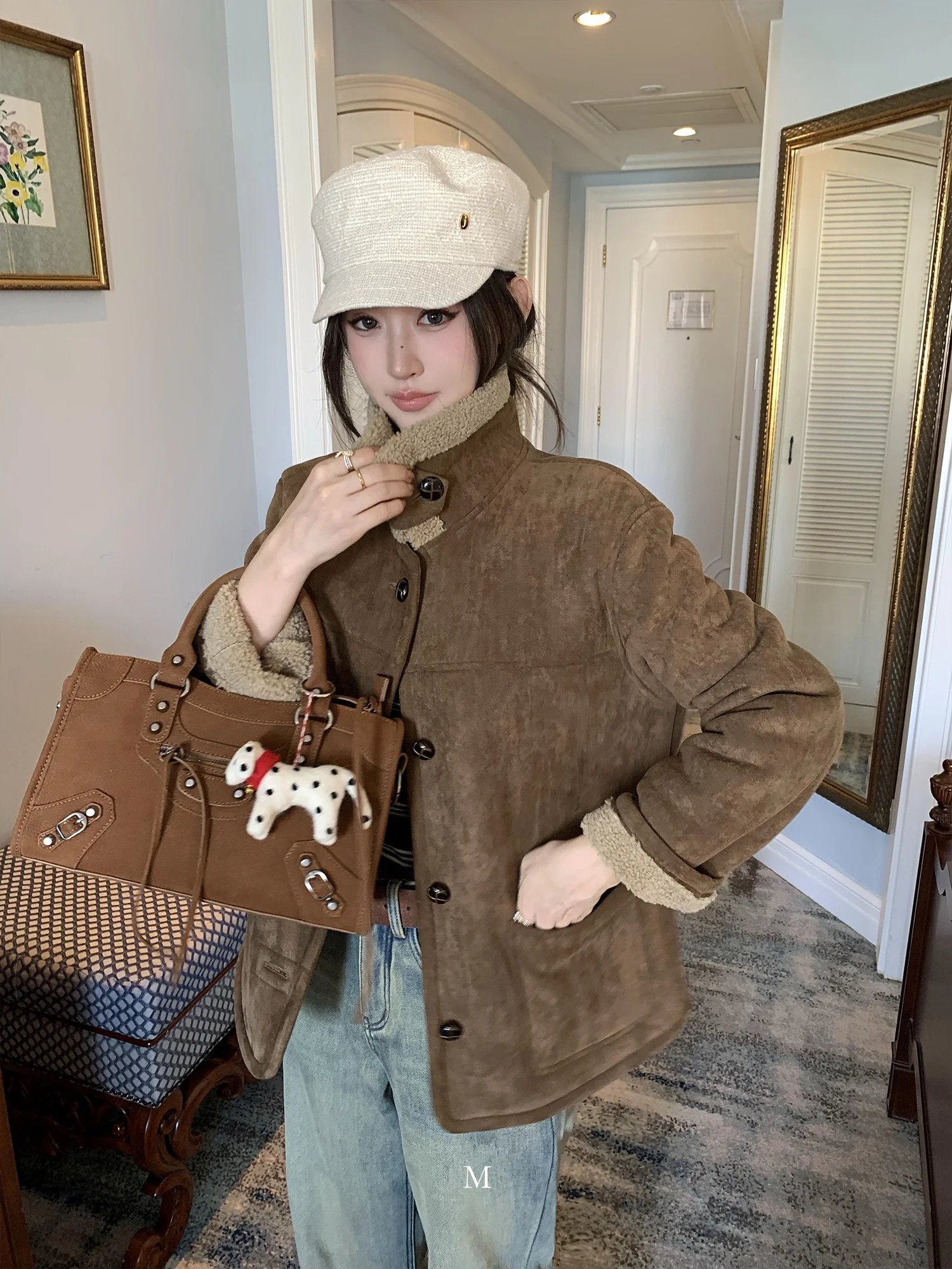 Chen Mi Fan Bruin Suède ort Jaet Dames Fce Gevoerde Jas Casual Sle Polyester Stof Lange Sve Knoopsluiting