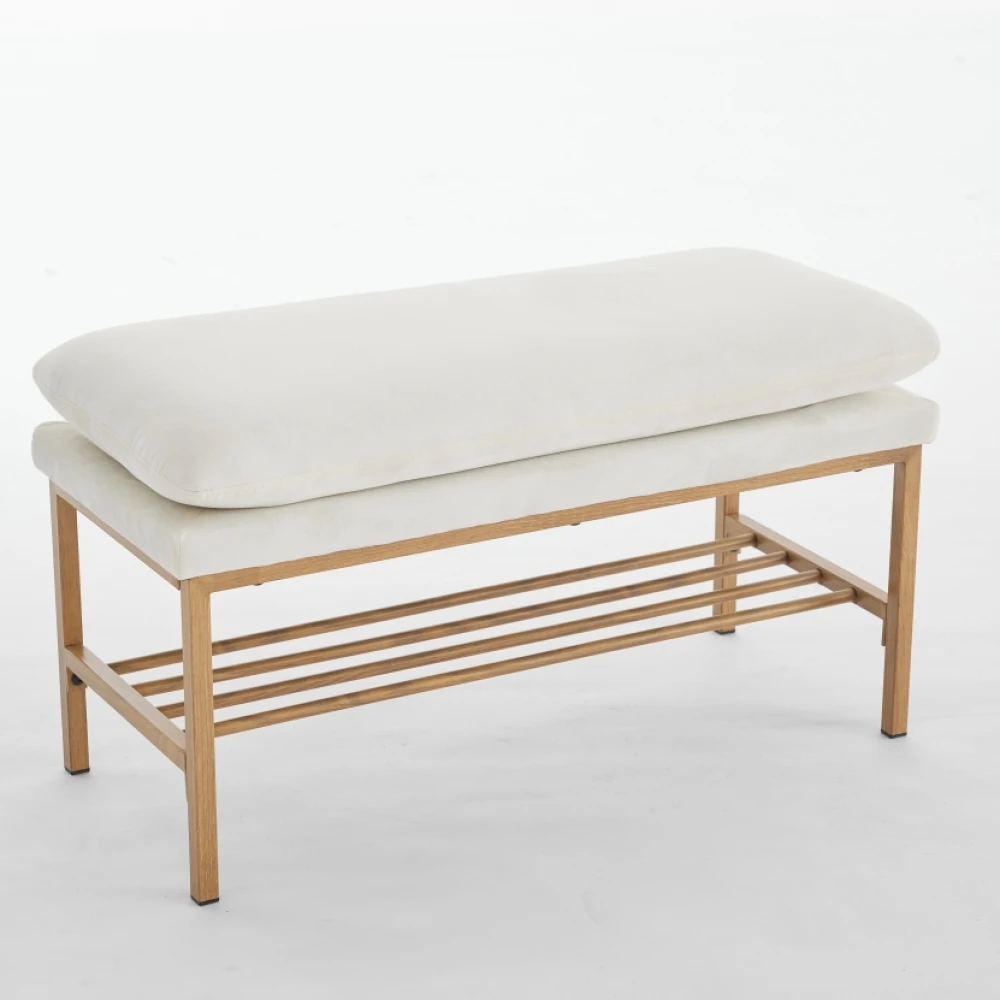 End of Bed Bench with Shelf, Linen  Upholstered Storage Shoe Bench, Modern Bedroom Bench