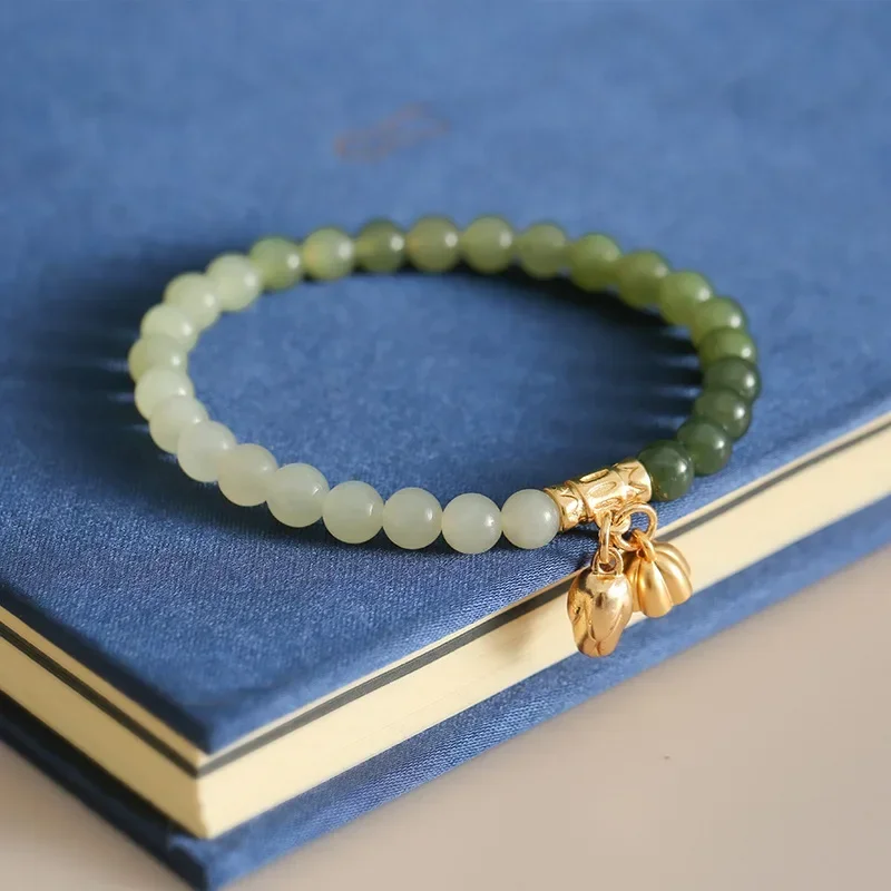 

Step by Step Lotus Bracelet Natural Hetian Jade Sunny Water Gradient Green White Jade National Style Bracelet