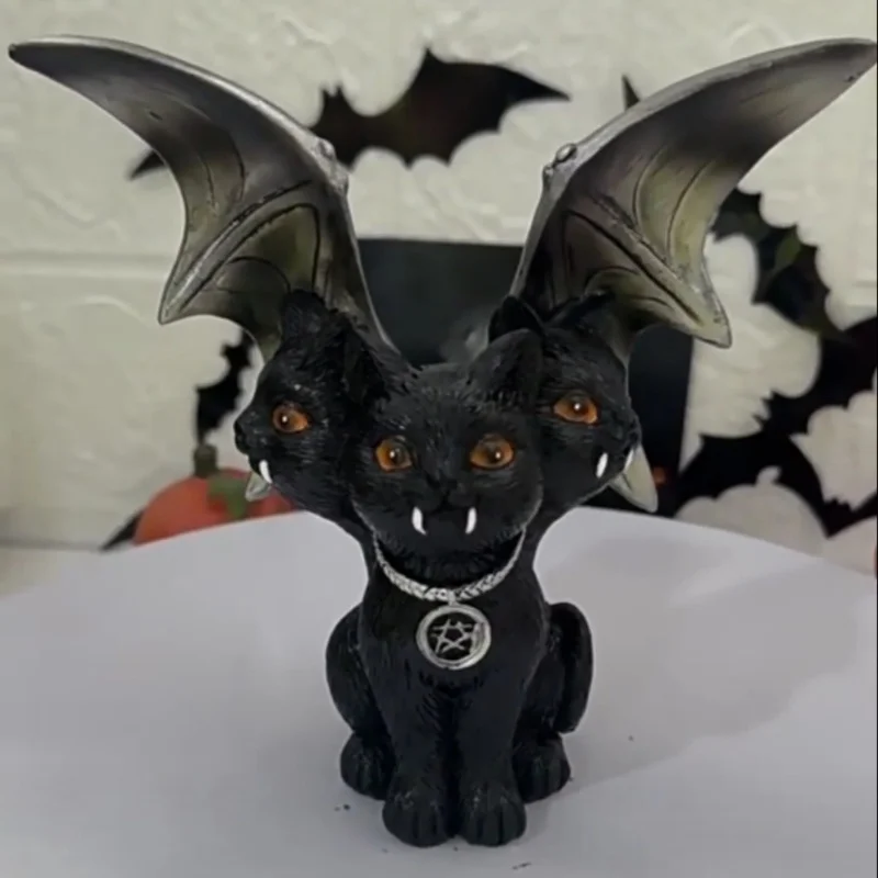 New Halloween Evil Bat Wings Black Three Headed Cat Creative Resin Crafts Desktop Ornament Gift Send Friends Dark Horror Series