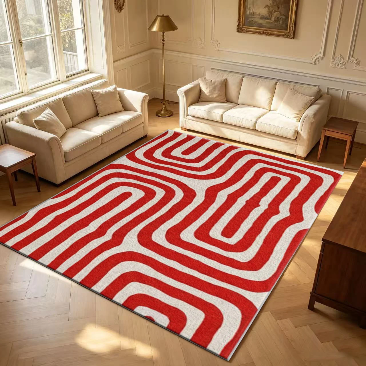 Red and White Wavy Geometric Abstract Carpet Bohemian Style Non-Slip Carpet Suitable for Living Room, Bedroom, Home Interior Decoration