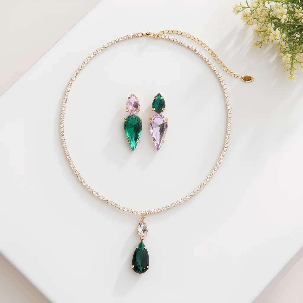 

3pcs Elegant Vintage Jewelry Set for Women Waterdrop Style Necklace Shiny Crystal Choker Bridal Wedding Green Earrings Party