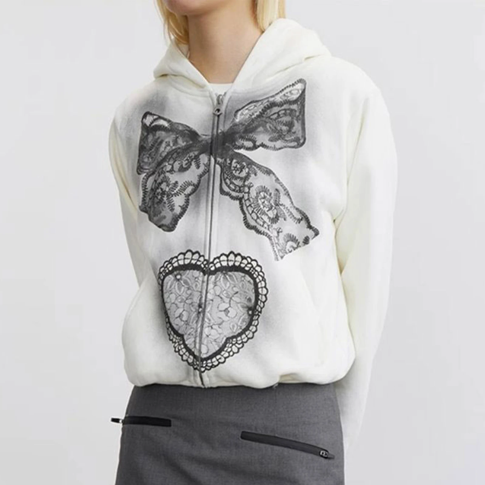 Women's Fall Zip Up Hoodies with Pockets Stylish Butterfly Love Heart Embroidery Long Sleeve Loose Casual Sweatshirts