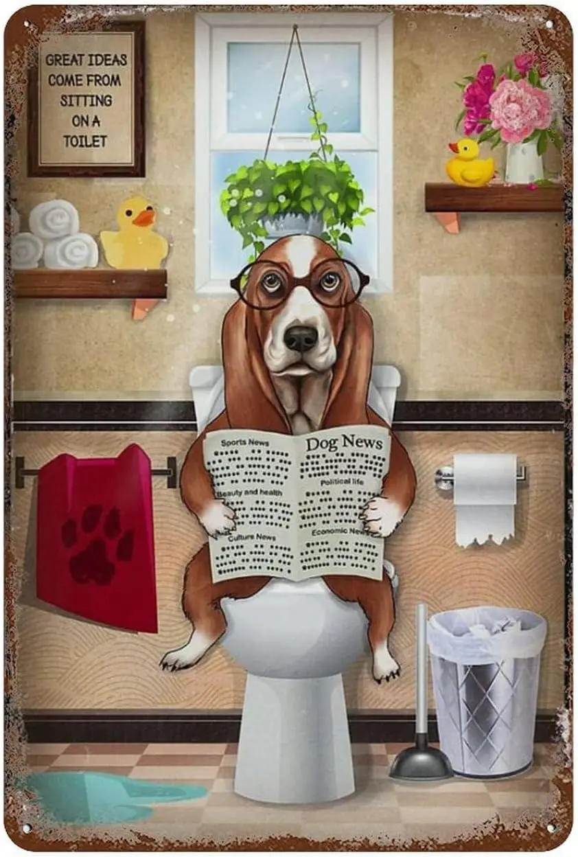 Tin Signs Retro Basset Hound Dog Read Newspaper Toilet Bathroom Funny Art Decorations Metal Sign Wall Decor Tin Signs Vinta sign