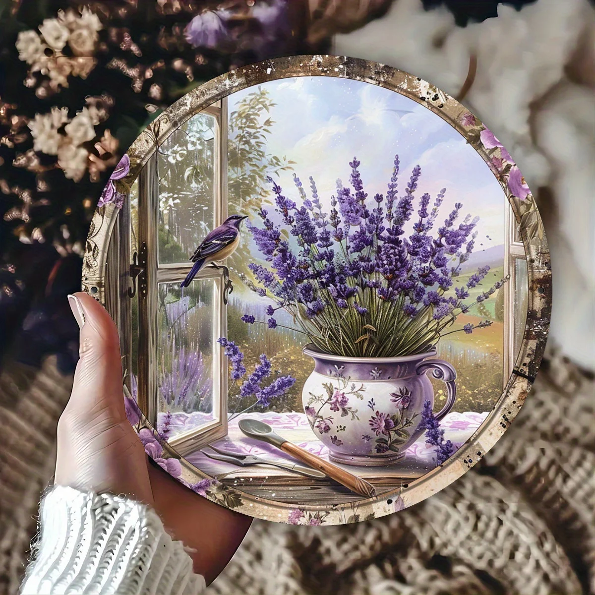 2D Precise Elegant Retro Wooden Round Plate Lavender Floral Bird Pattern Wall Hanging Outdoor Decor Artistic Furniture Gift
