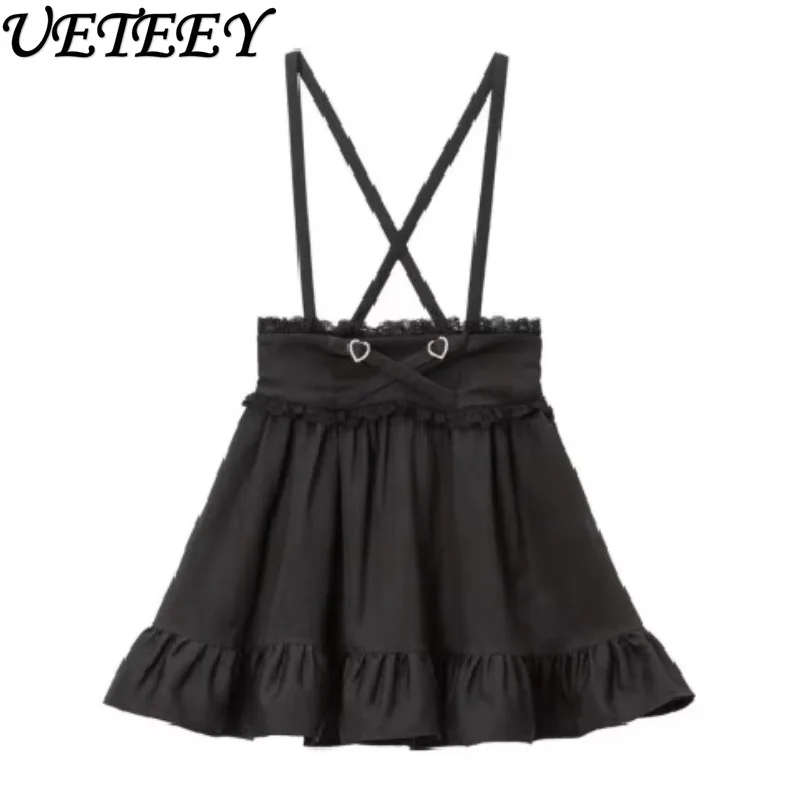 Japanese Mine Style Mass-Produced Waist Black Skirts Sweet Cute Girls All-matching Kawaii Slimming Pleated Suspender Skirt