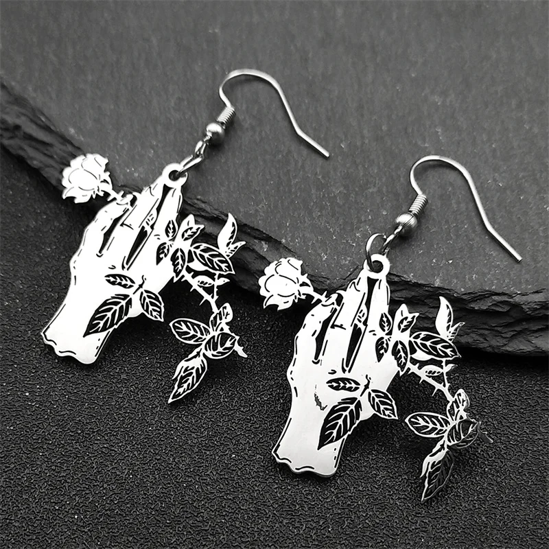

Punk Goth Rose in Hand Hoop Earrings for Women Stainless Steel Silver Color Elegant Vintage Flower Dangle Earring Jewelry Gifts