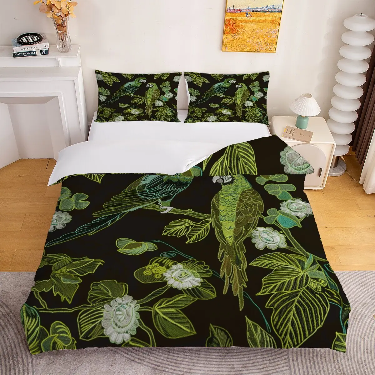 Green parrot  Down duvet cover large size  White flower  Room decoration bedding set