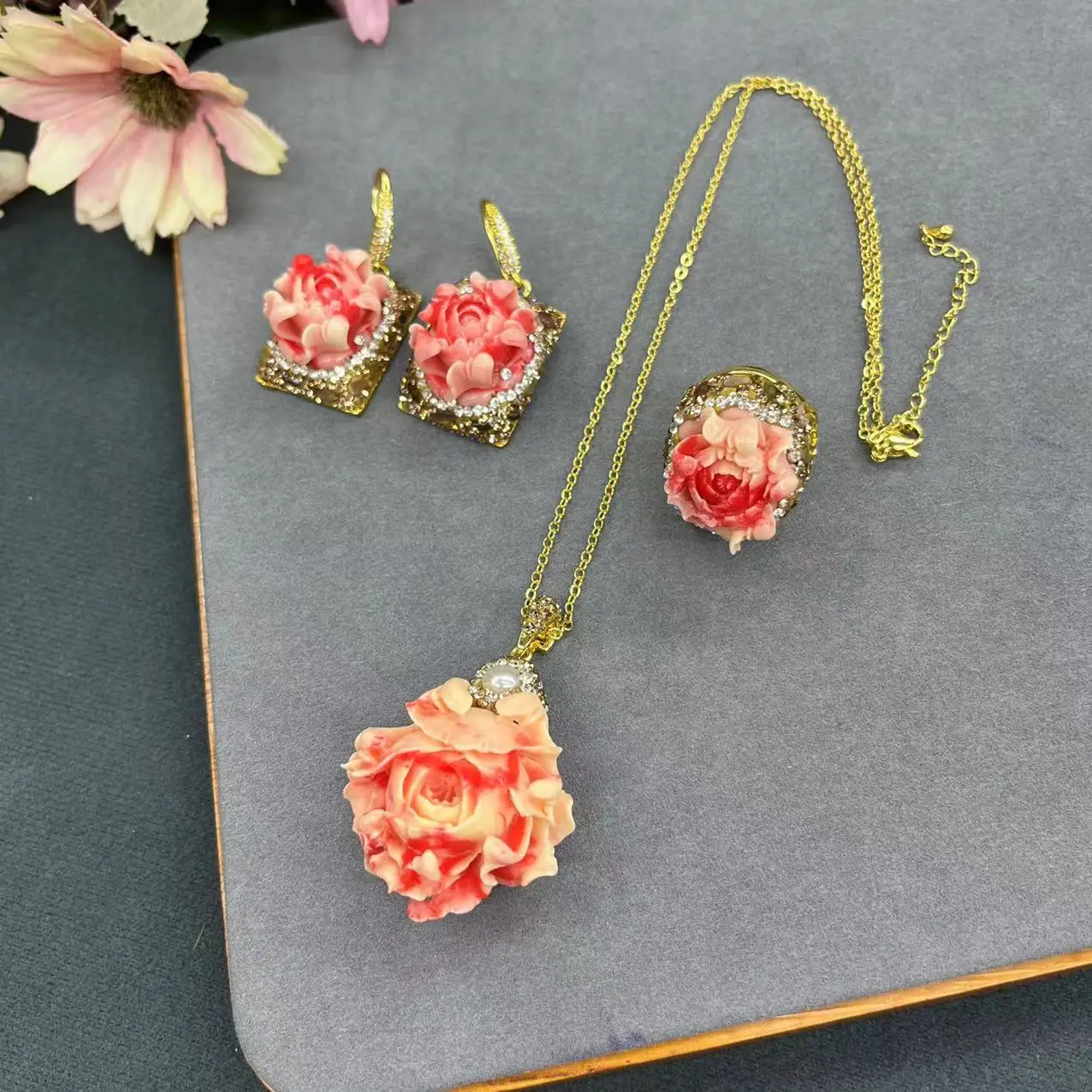 DIY accessories Live broadcast new shell powder pressed peony flower three-piece set color retention electroplating full drillin