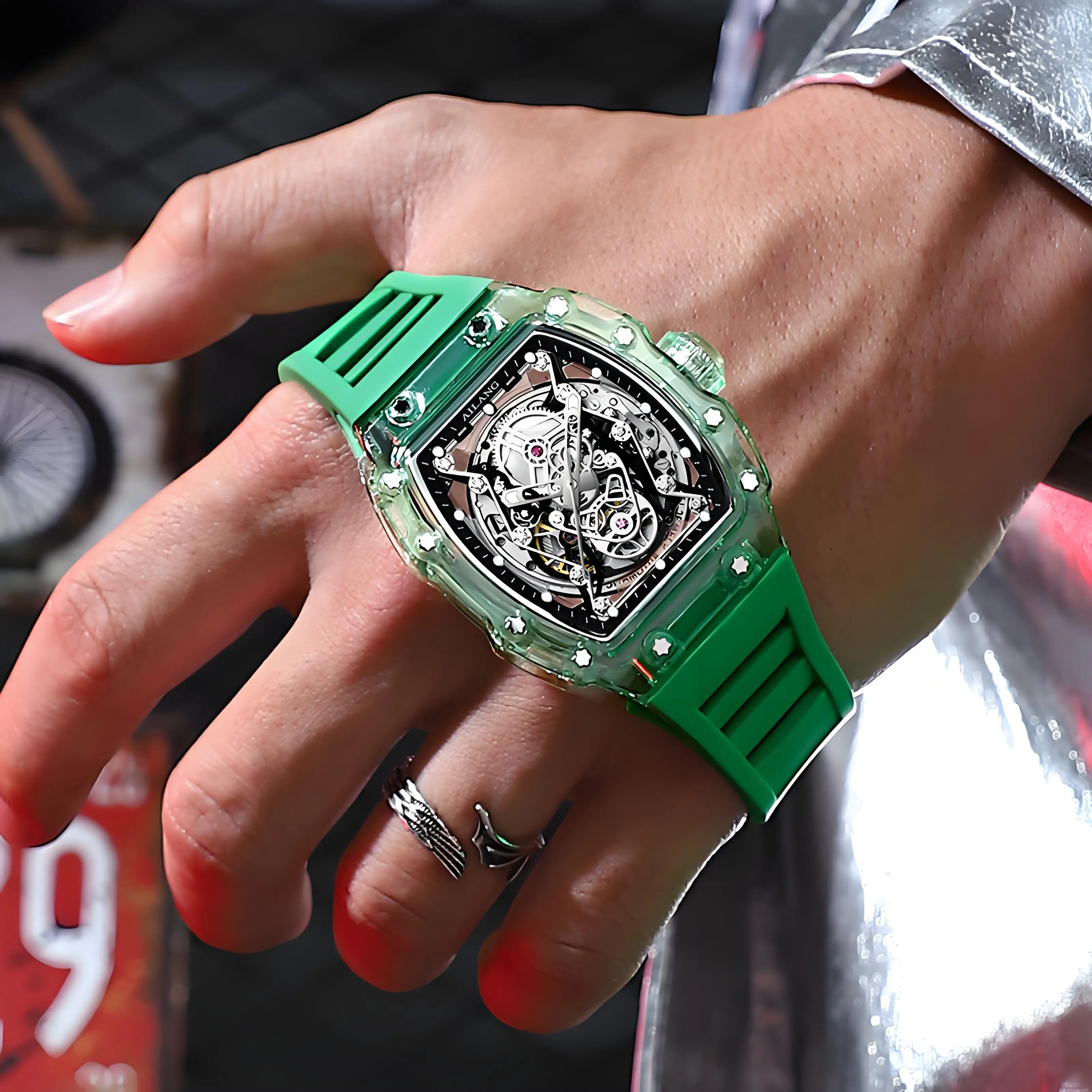 

AL8109 Men's Tonneau Skeleton Automatic Watch Luxury Hollow Mechanical Waterproof Sport Silicone Strap Wristwatch For Male