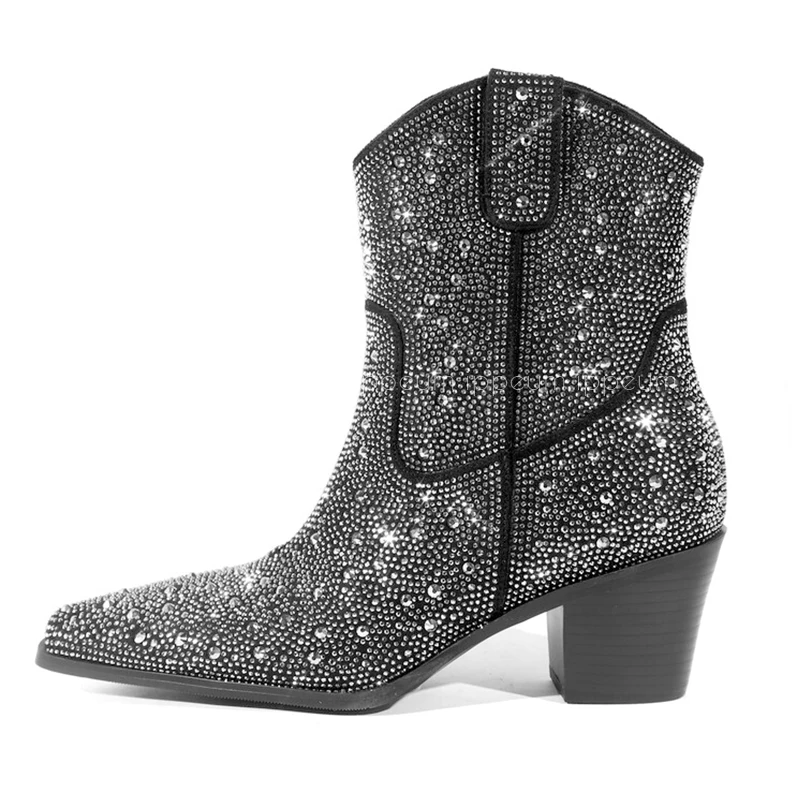 IPPEUM Rhinestone Boots Cowboy Women Black Ankle Design Chunky Heel Ponited Toe Size 43 New In Women\'s Western Boots