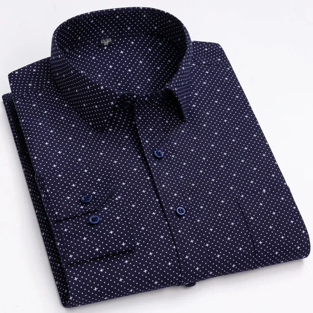 2025 Men's Classic Long Sleeve Print Dress Shirts Single Patch Pocket  Business Office Shirt
