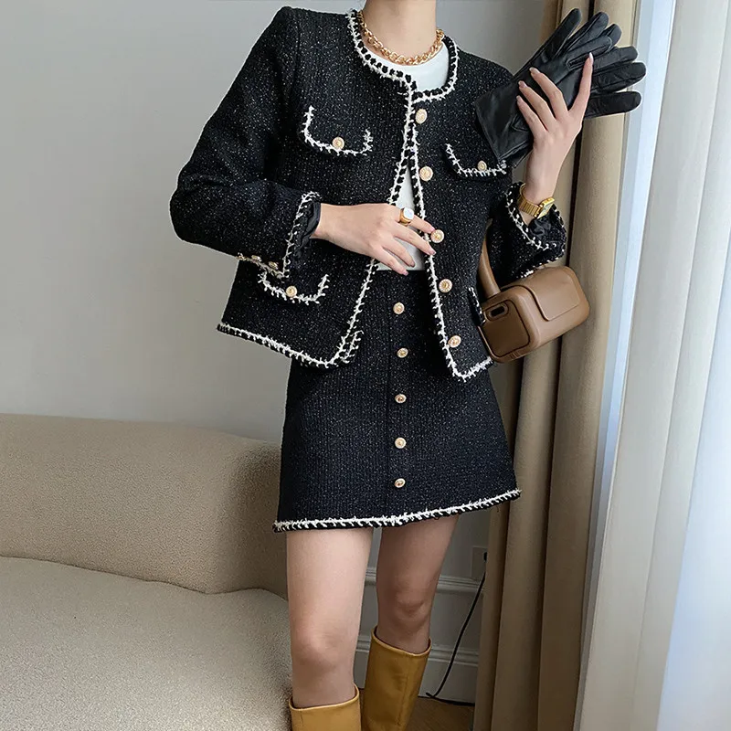 

Autumn Winter Warm 2 Piece Set Tweed Jacket Women Woolen Coat Short Skirt Elegant Female Outfits Office Lady Classic Outerwear
